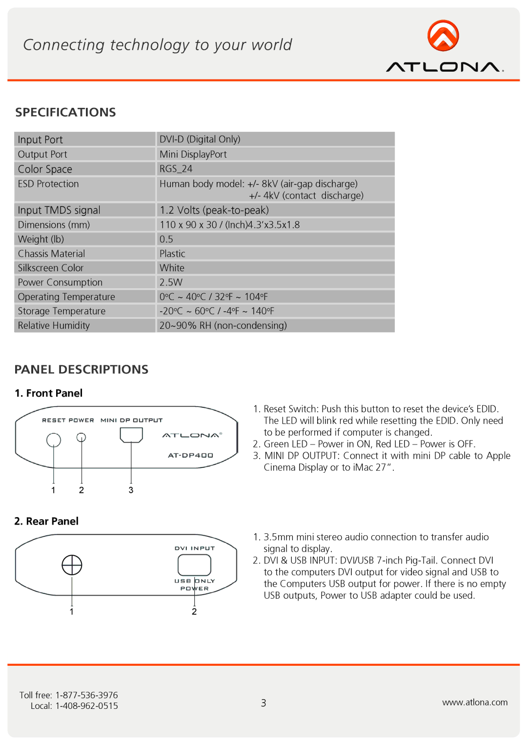 Atlona At-DP400 user manual Specifications, Panel Descriptions, Front Panel, Rear Panel 