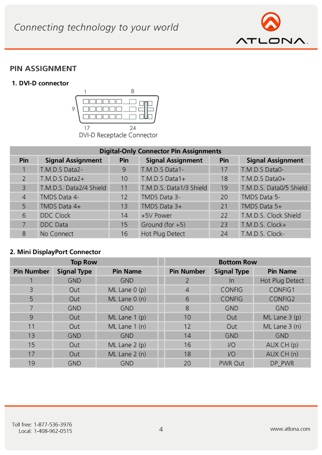 Atlona At-DP400 user manual PIN Assignment, DVI-D connector, Digital-Only Connector Pin Assignments Signal Assignment 