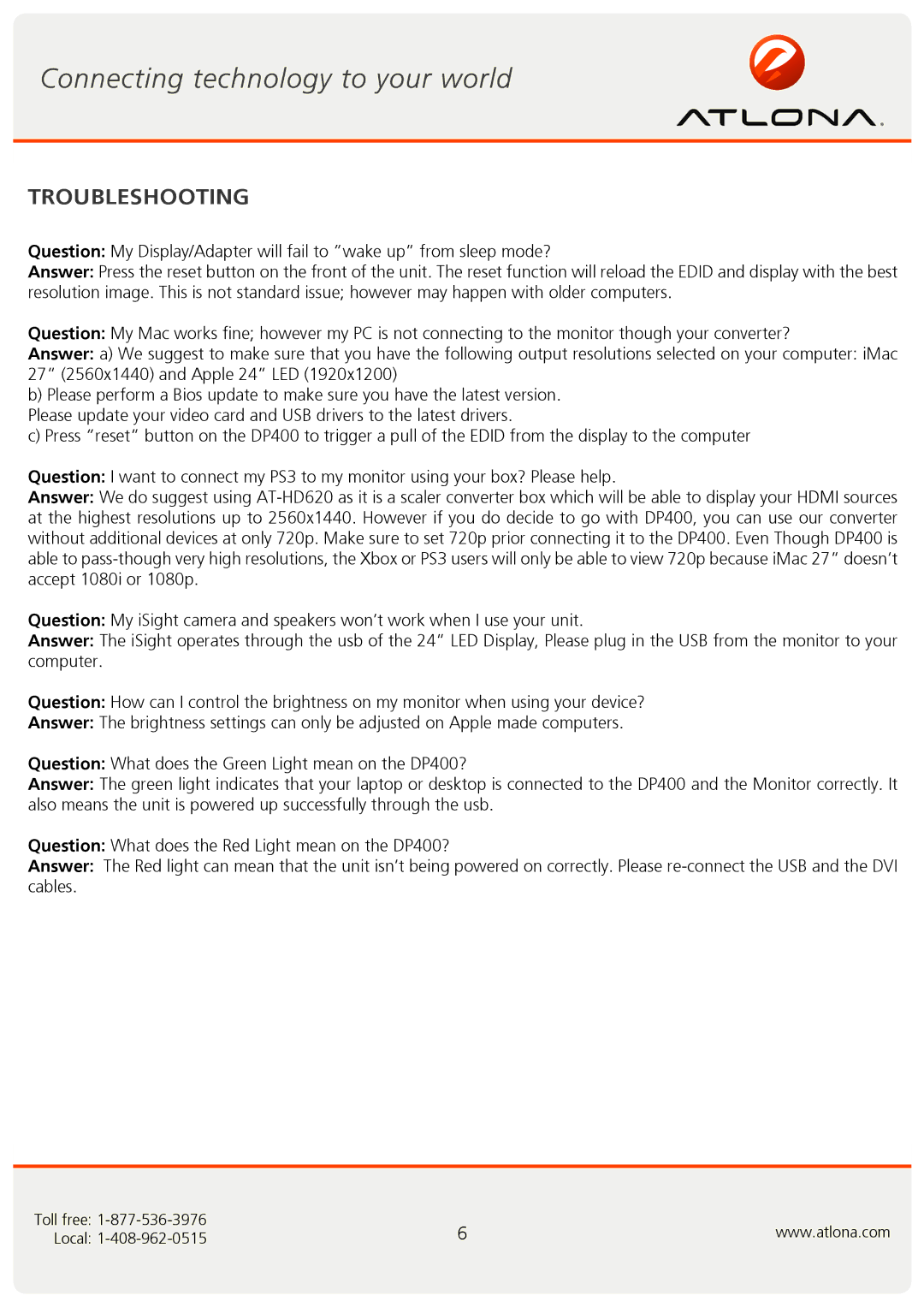 Atlona At-DP400 user manual Troubleshooting 