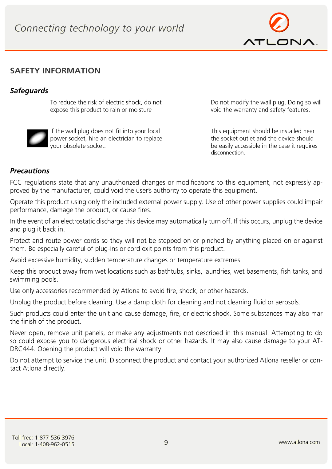 Atlona AT-DRC444 user manual Safety Information, Safeguards 