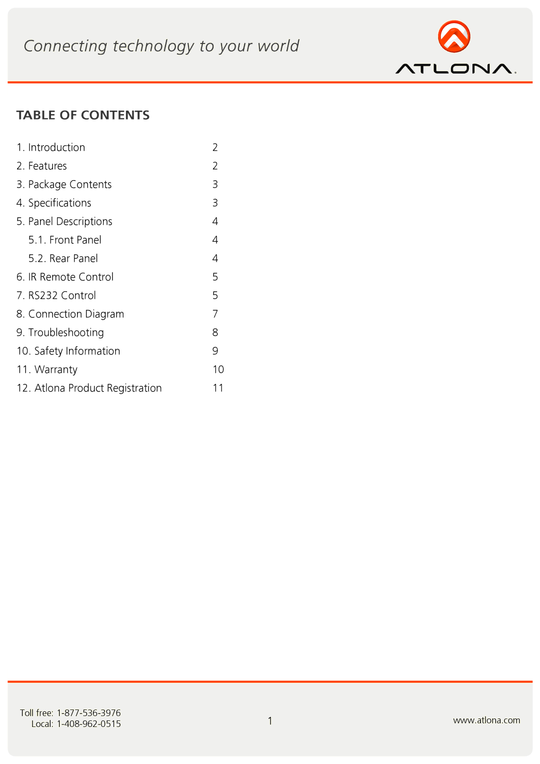 Atlona AT-DRC444 user manual Table of Contents 