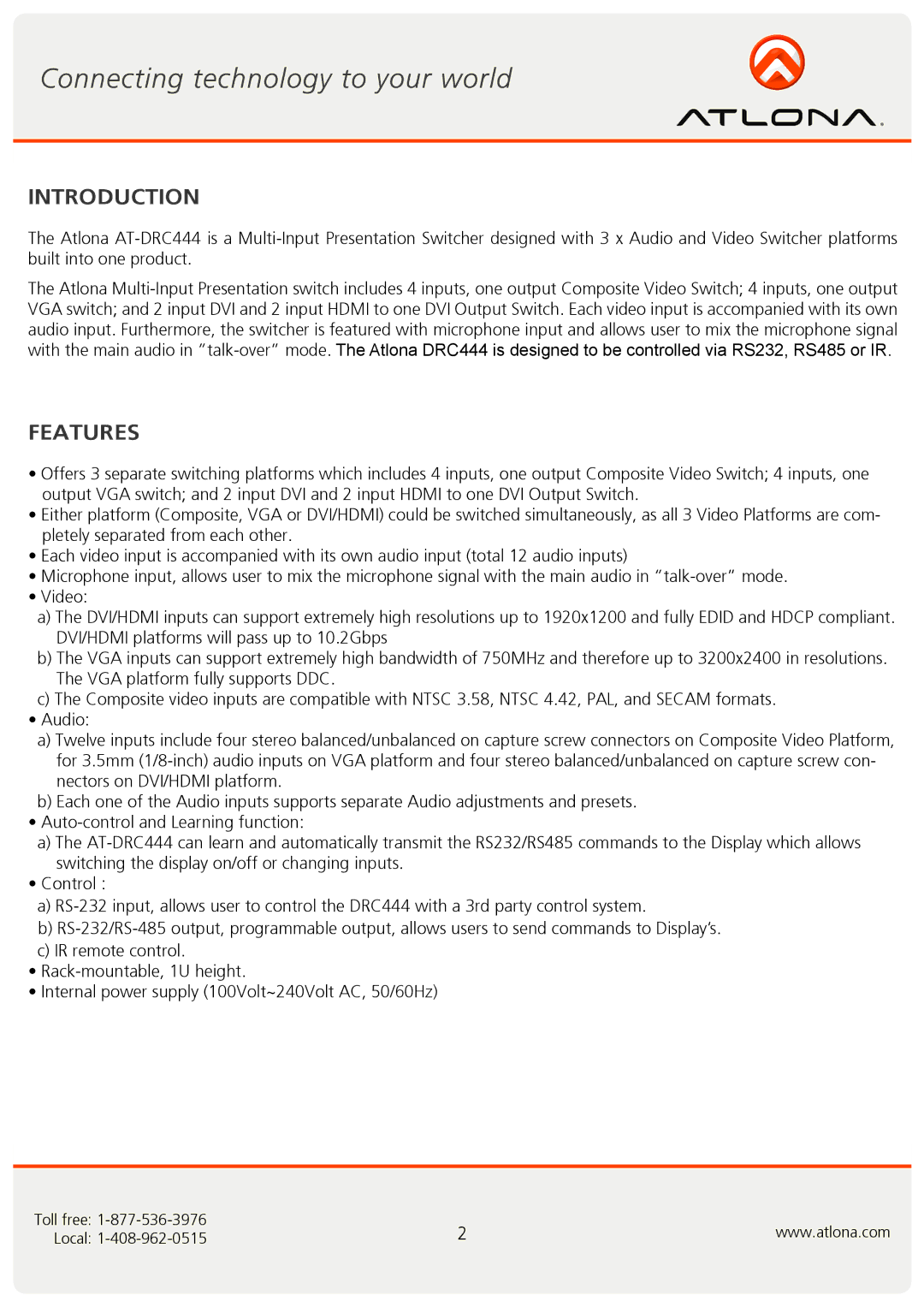 Atlona AT-DRC444 user manual Introduction, Features 