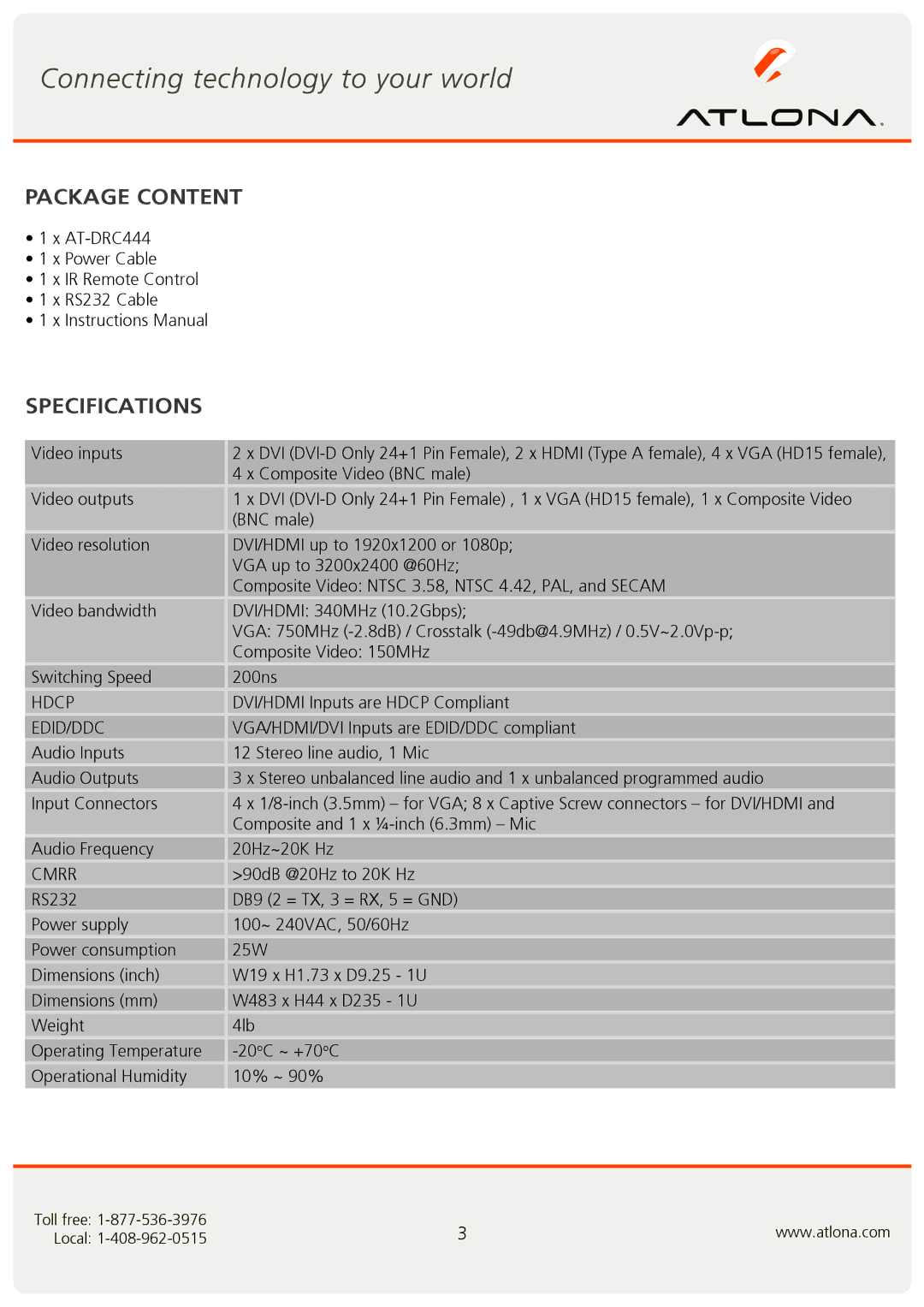 Atlona AT-DRC444 user manual Package Content, Specifications 