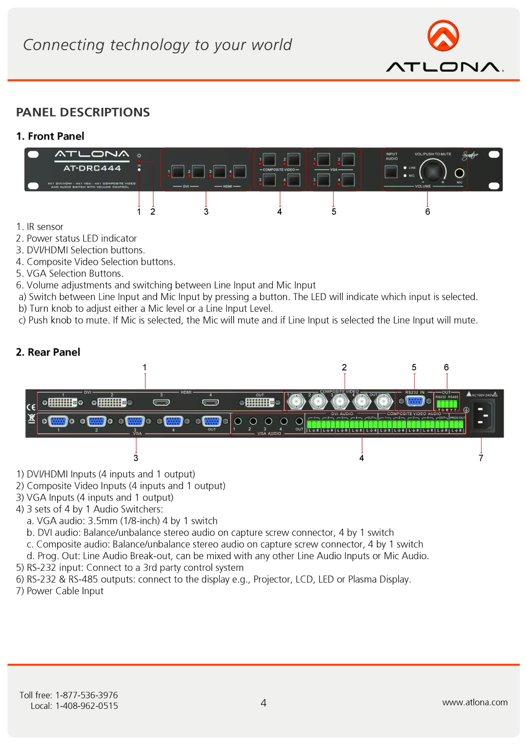 Atlona AT-DRC444 user manual Panel Descriptions, Front Panel 