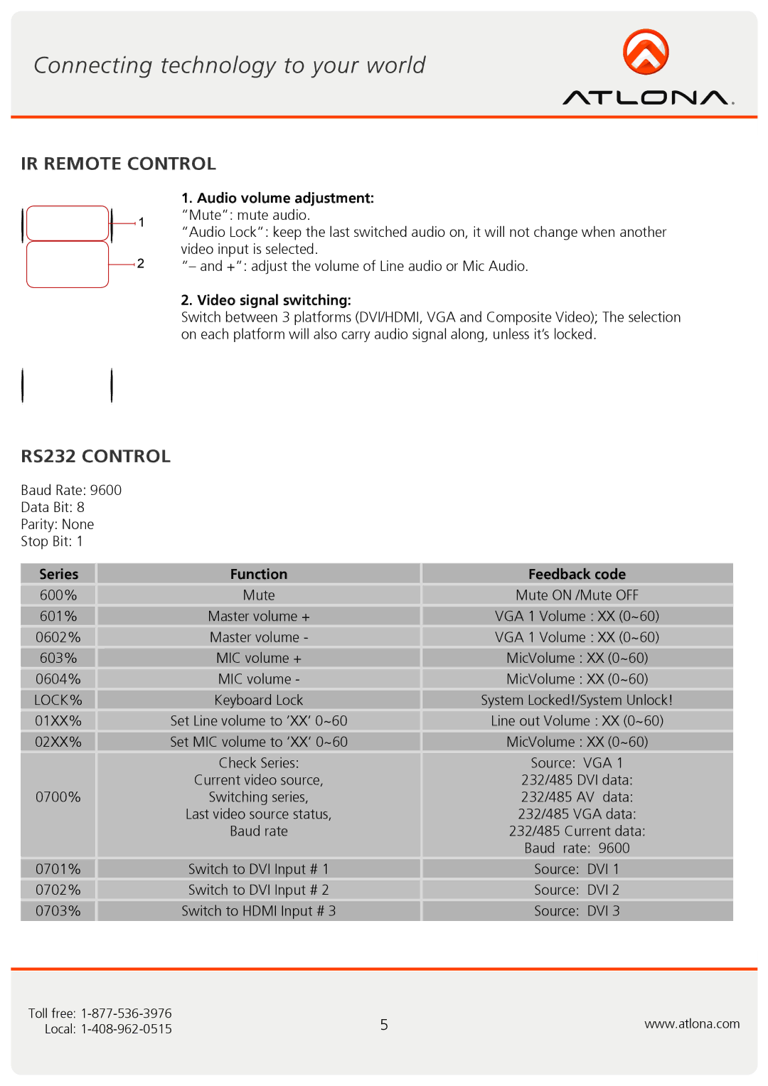 Atlona AT-DRC444 user manual IR Remote Control, RS232 Control 