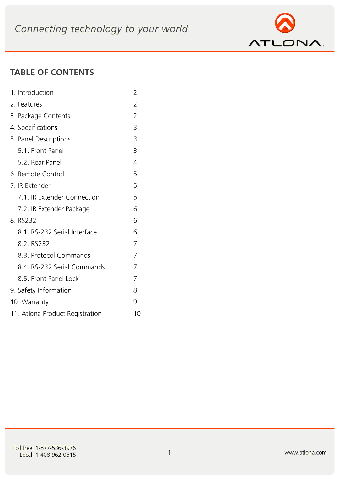 Atlona AT-DVI-41A user manual Table of Contents 