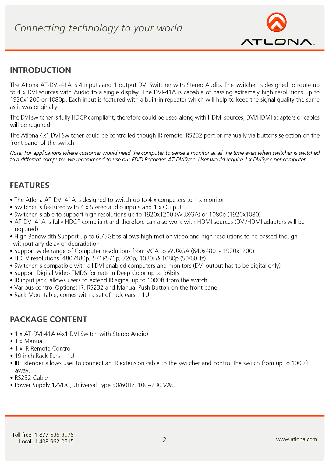 Atlona AT-DVI-41A user manual Introduction, Features, Package Content 