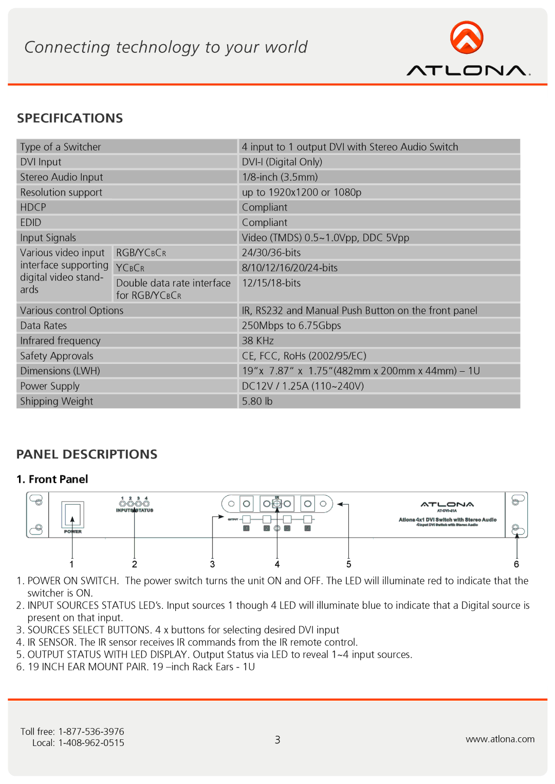 Atlona AT-DVI-41A user manual Specifications, Panel Descriptions, Front Panel 