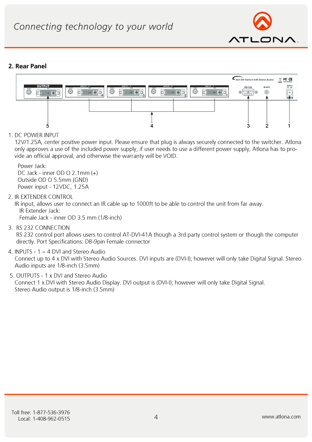 Atlona AT-DVI-41A user manual Rear Panel, DC Power Input, IR Extender Control, RS 232 Connection 