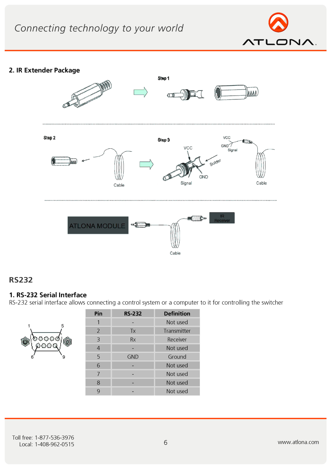 Atlona AT-DVI-41A user manual IR Extender Package, RS-232 Serial Interface 