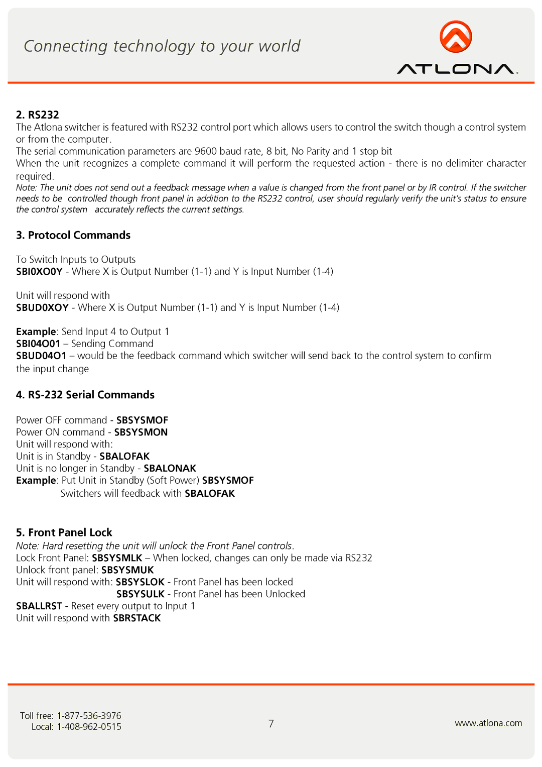 Atlona AT-DVI-41A user manual RS232, Protocol Commands, RS-232 Serial Commands, Front Panel Lock 