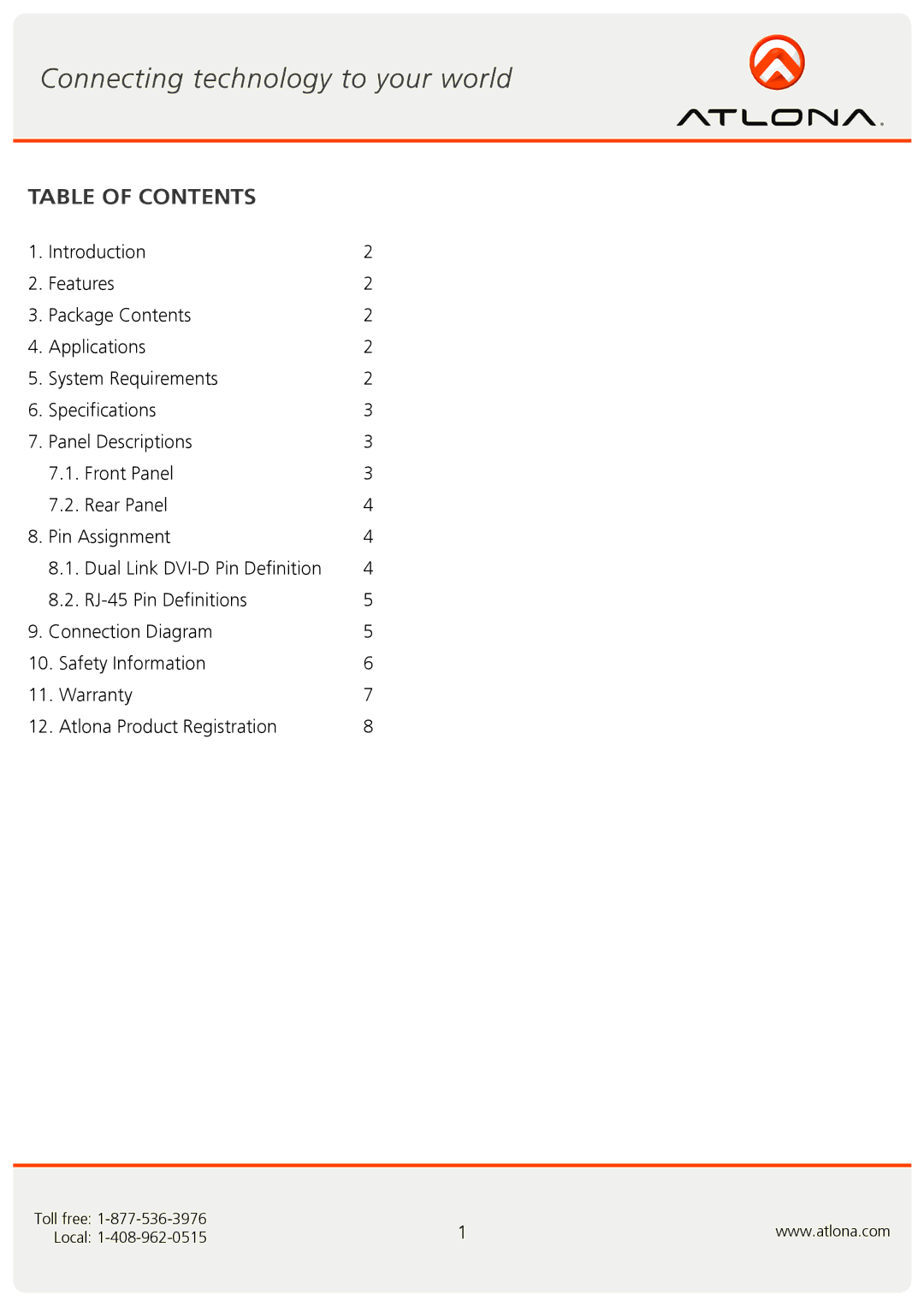 Atlona AT-DVI30SR user manual Table of Contents 