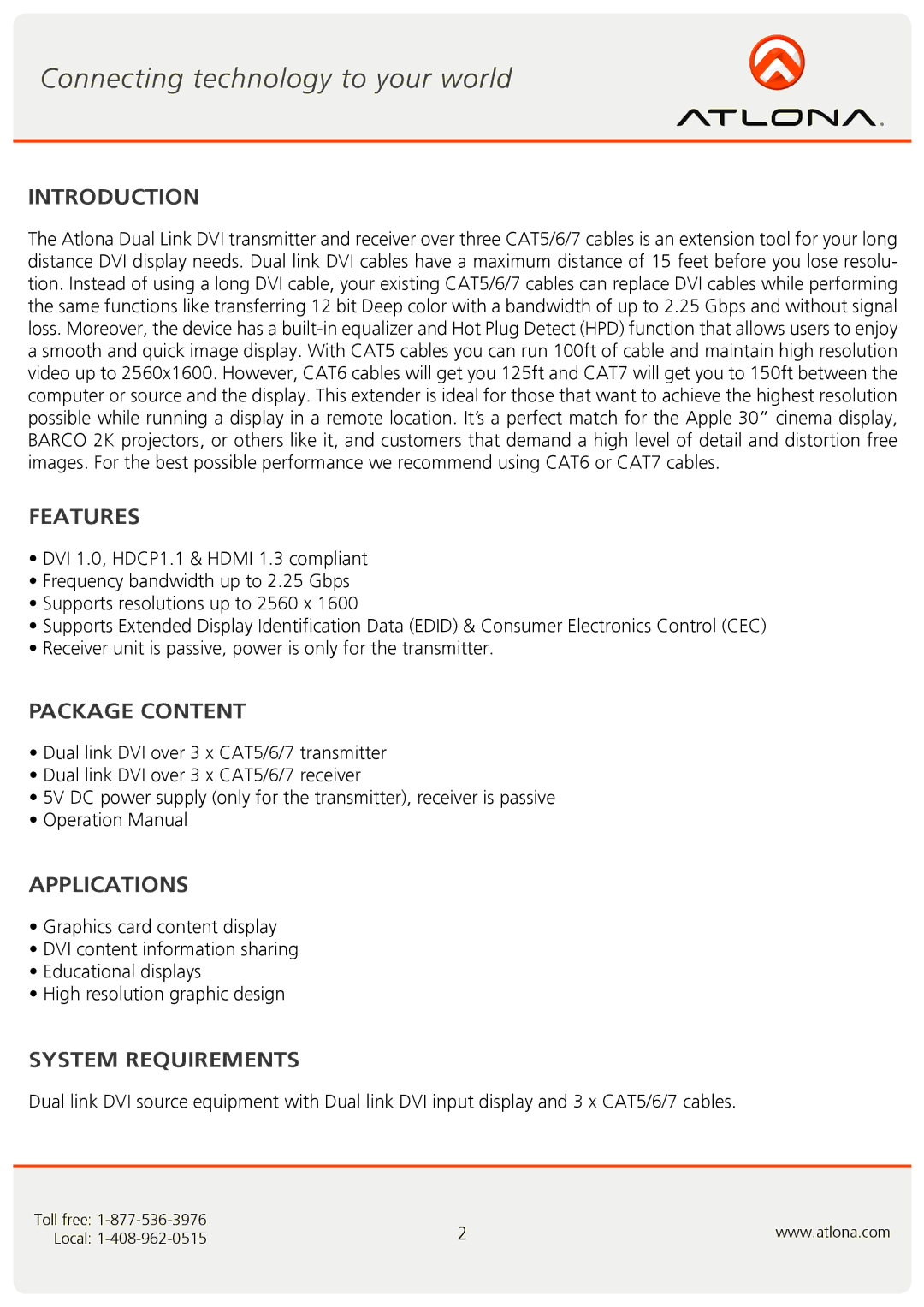 Atlona AT-DVI30SR user manual Introduction, Features, Package Content, Applications, System Requirements 