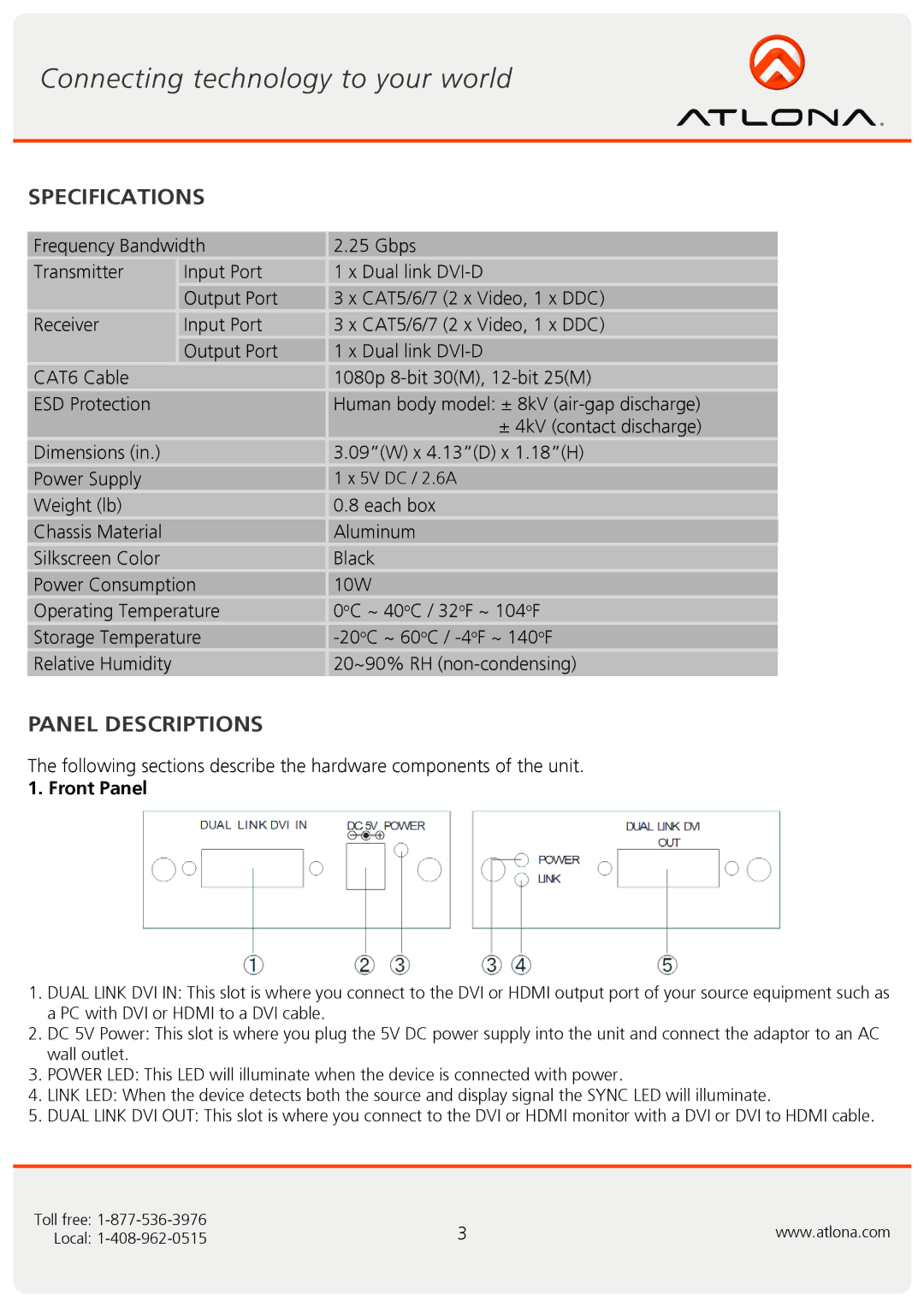 Atlona AT-DVI30SR user manual Specifications, Panel Descriptions, Front Panel 