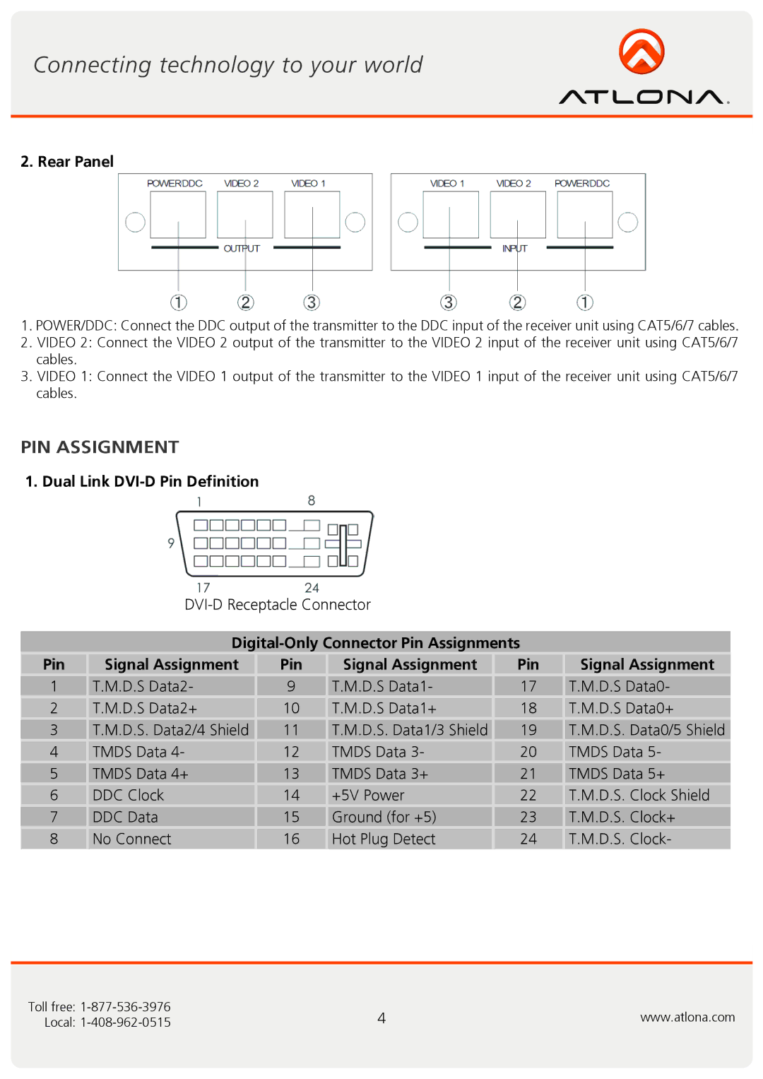 Atlona AT-DVI30SR user manual PIN Assignment, Rear Panel, Dual Link DVI-D Pin Definition 