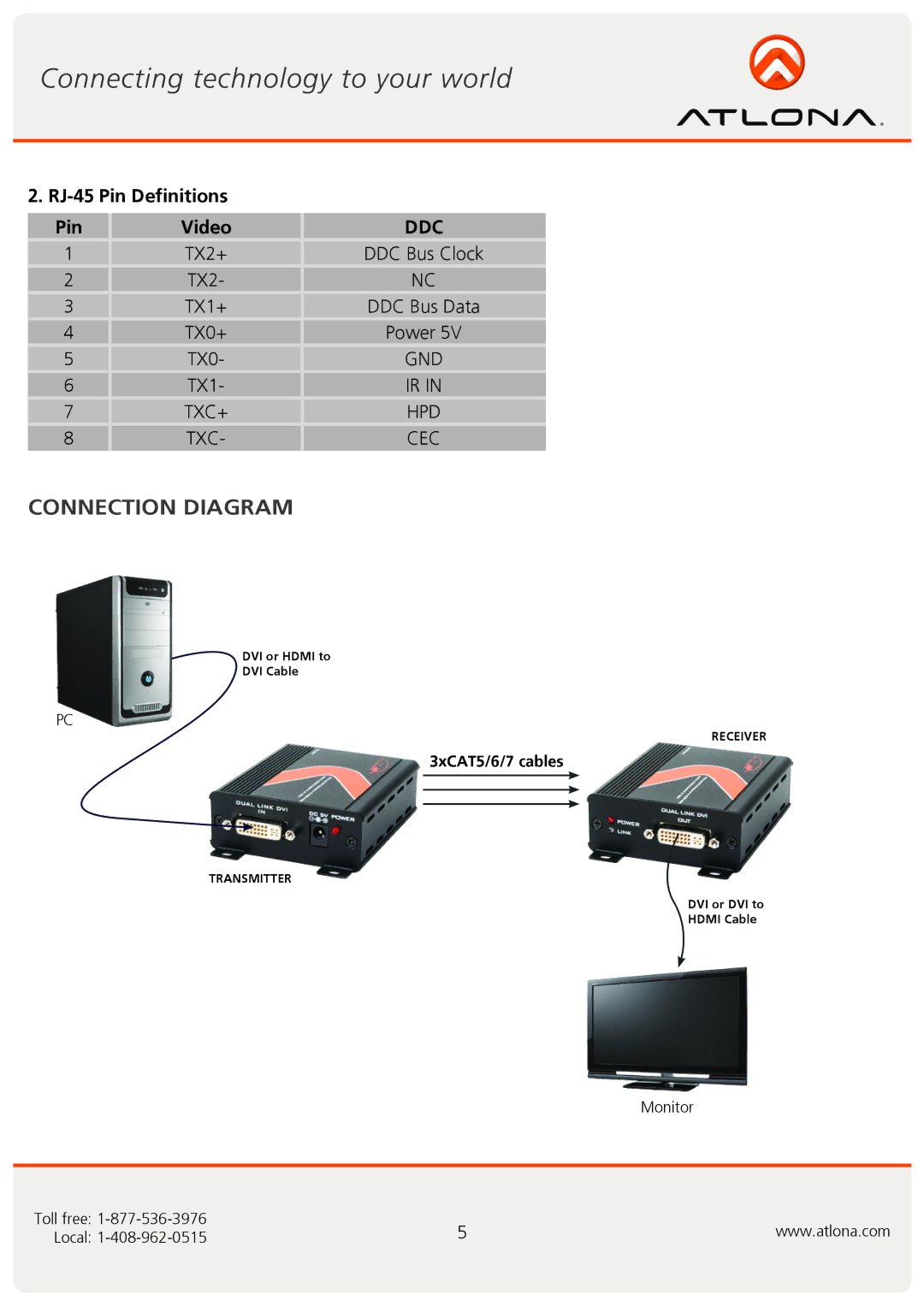 Atlona AT-DVI30SR user manual Connection Diagram, RJ-45 Pin Definitions, Video 