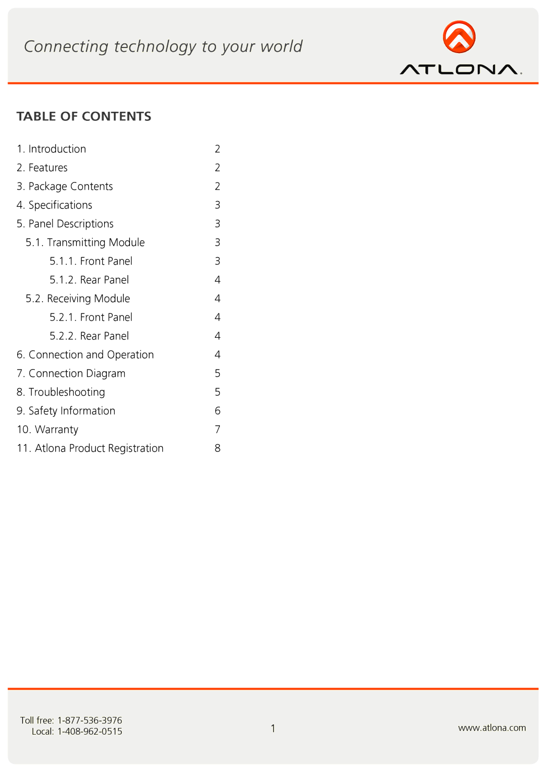 Atlona AT-DVI4-100SR user manual Table of Contents 