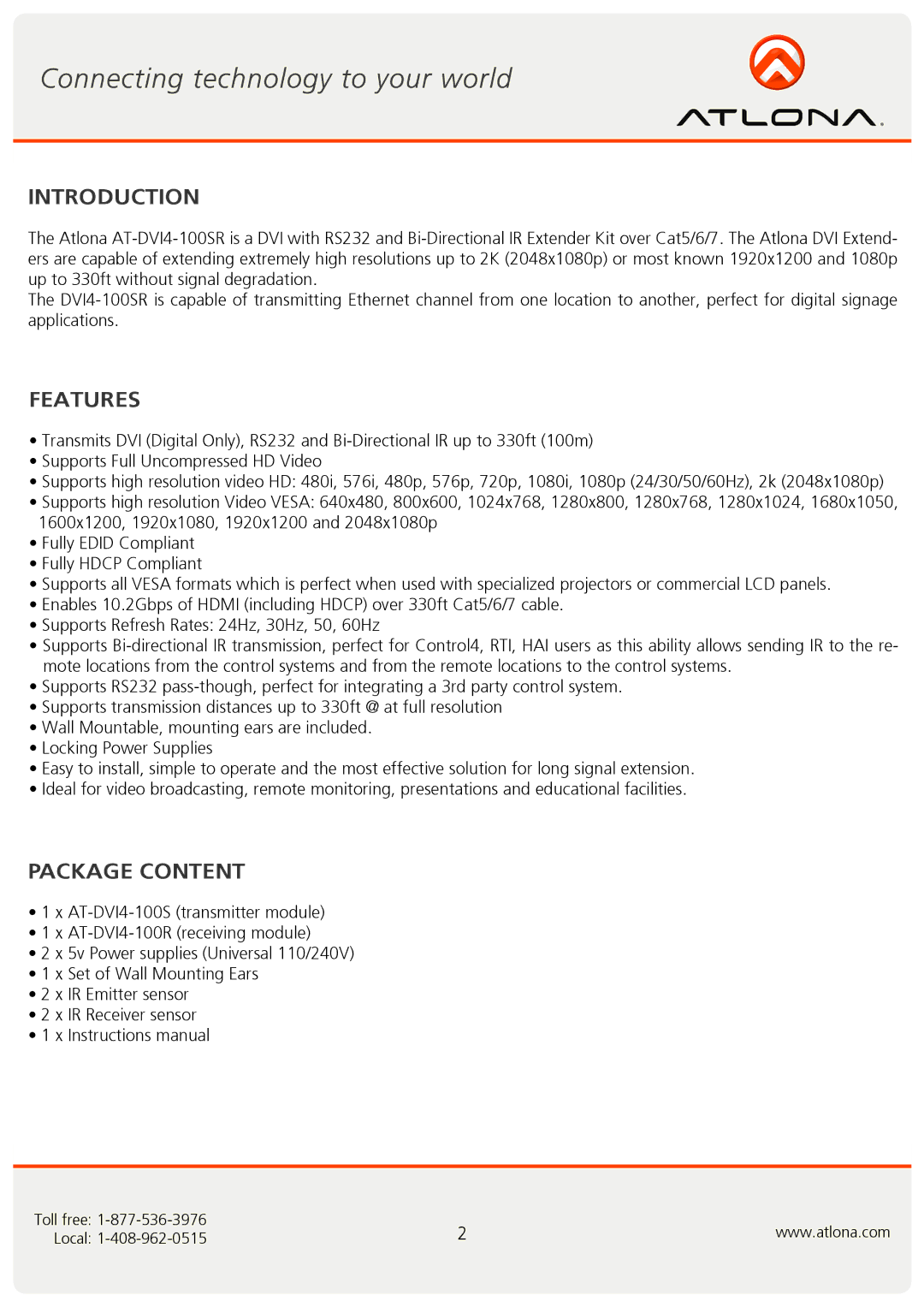 Atlona AT-DVI4-100SR user manual Introduction, Features, Package Content 