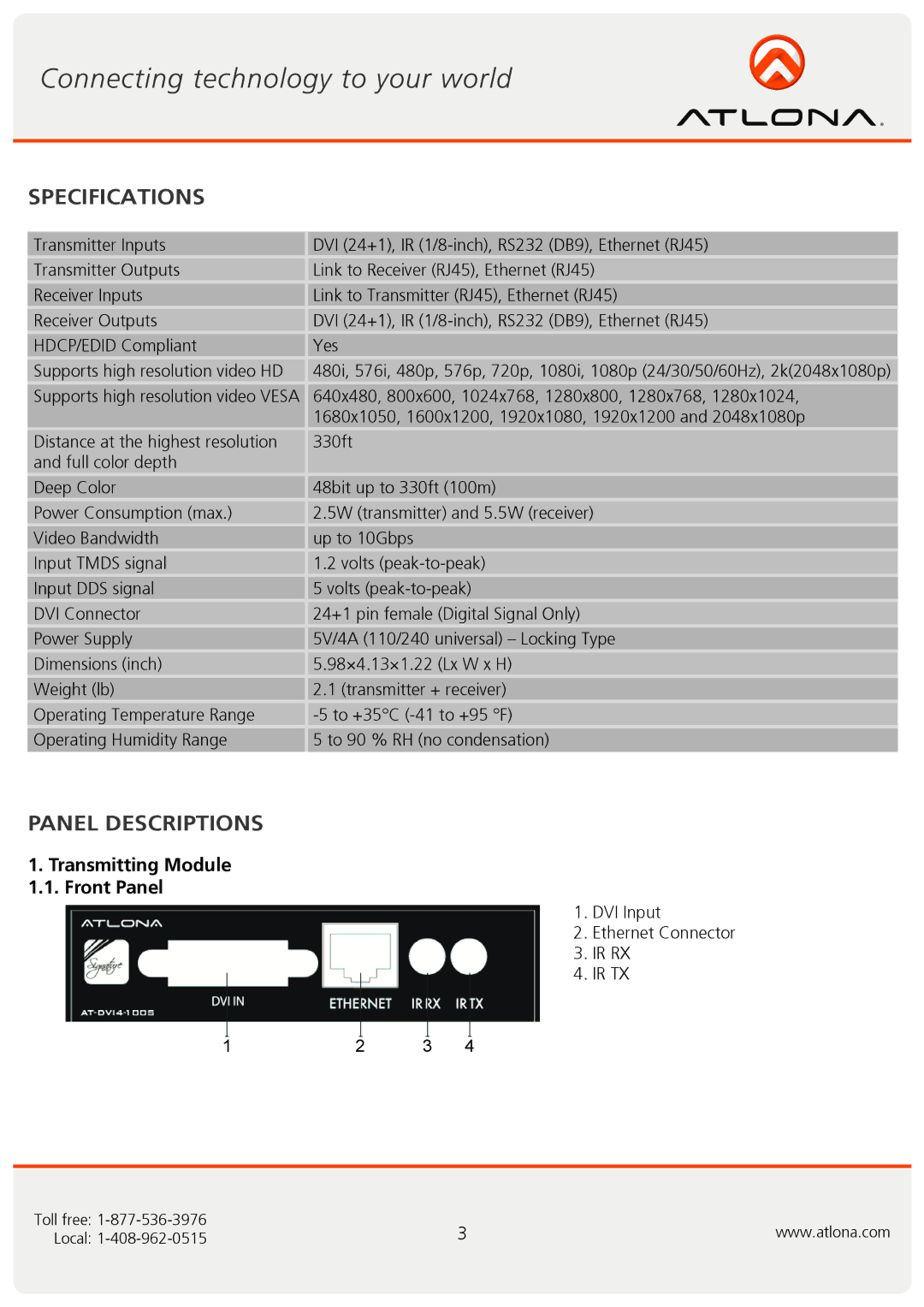 Atlona AT-DVI4-100SR user manual Specifications, Panel Descriptions 