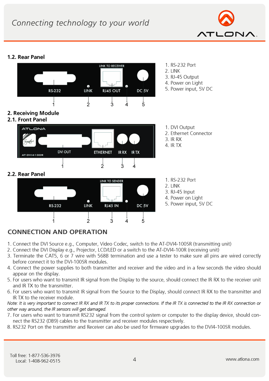 Atlona AT-DVI4-100SR user manual Connection and Operation 