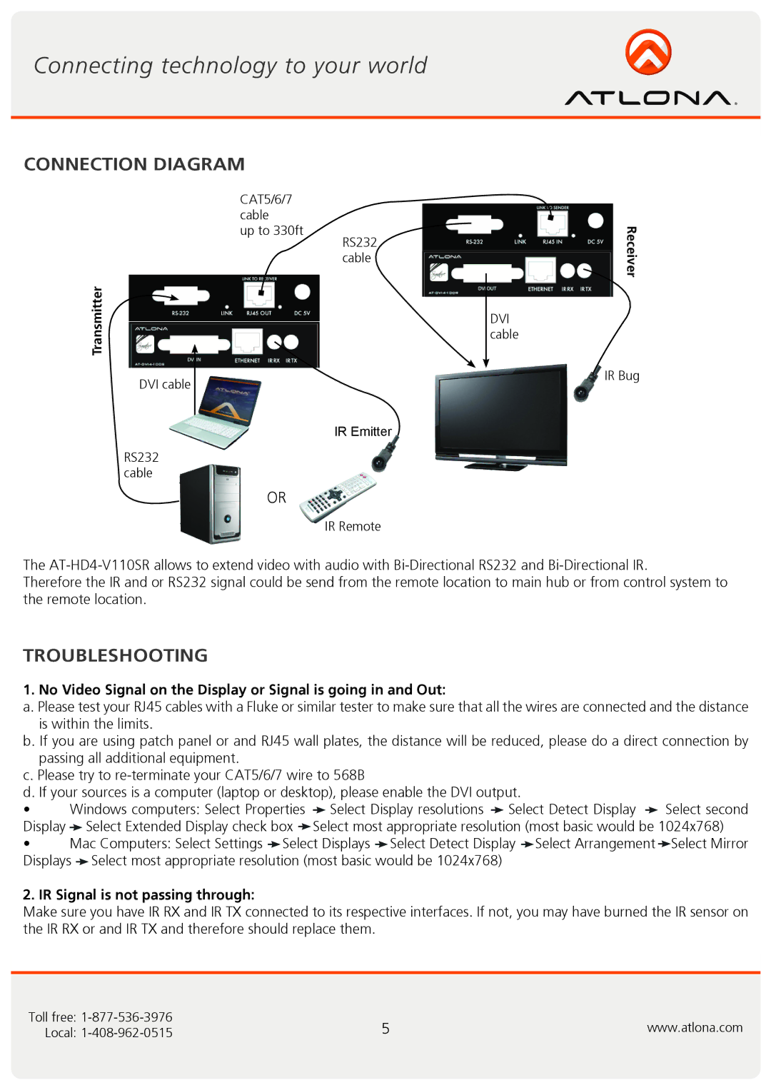 Atlona AT-DVI4-100SR user manual Connection Diagram, Troubleshooting 