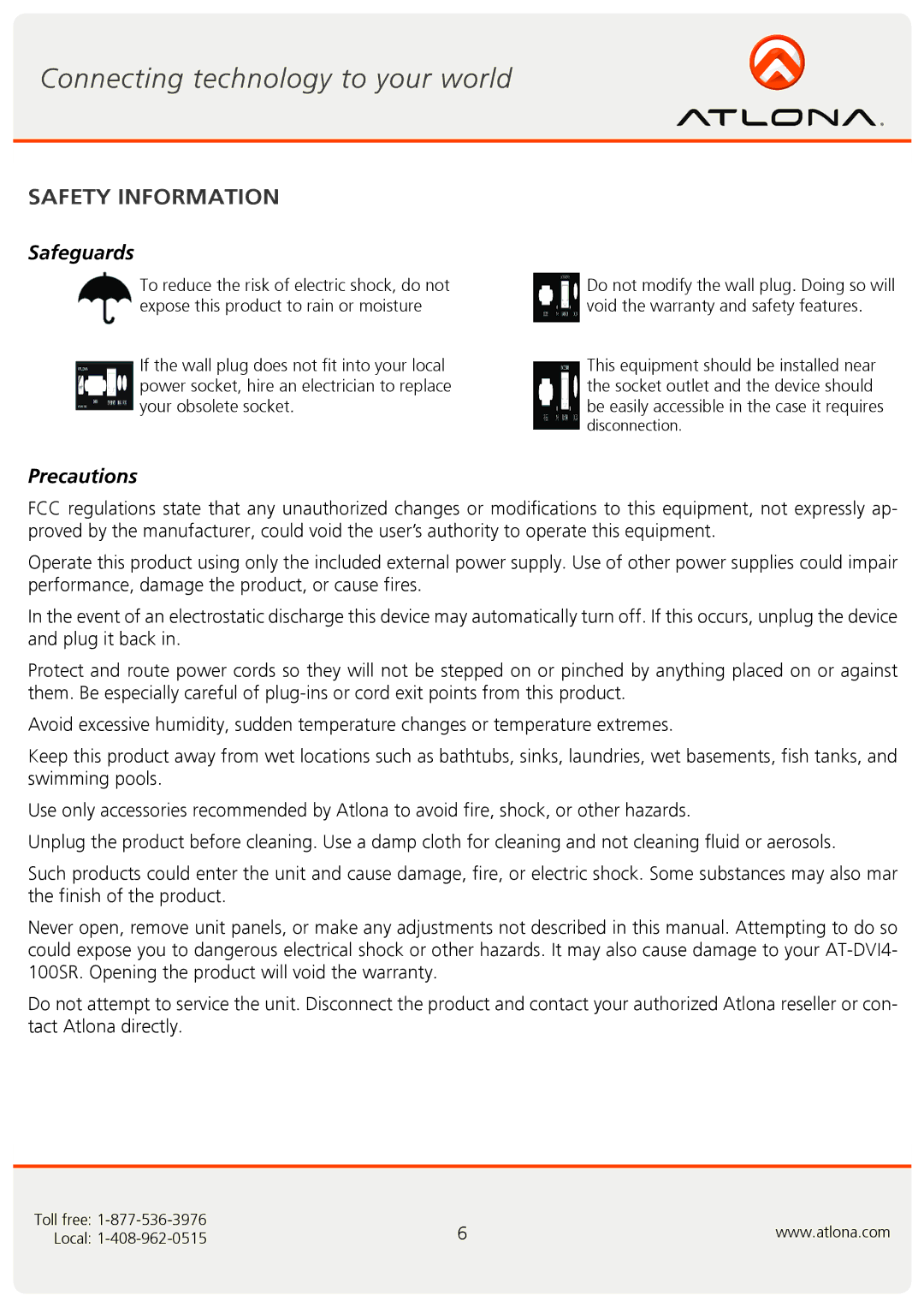 Atlona AT-DVI4-100SR user manual Safety Information, Safeguards 