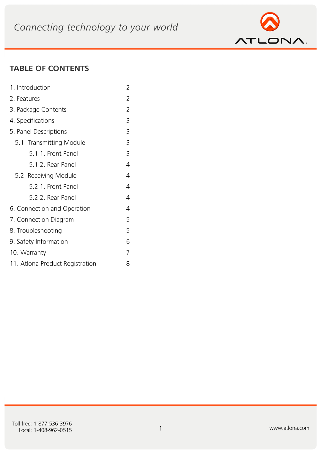Atlona AT-DVI4-100SR user manual Table Of Contents 