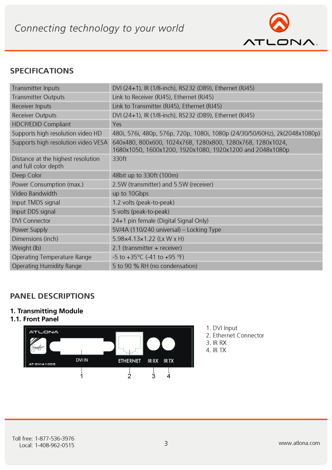 Atlona AT-DVI4-100SR user manual Specifications, Panel Descriptions, Transmitting Module 1.1. Front Panel 