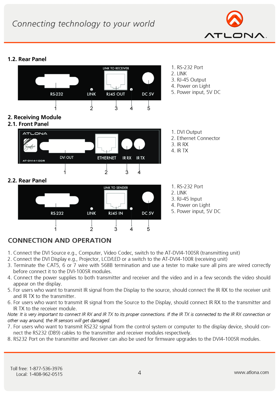 Atlona AT-DVI4-100SR user manual Connection And Operation, Rear Panel, Receiving Module 2.1. Front Panel 