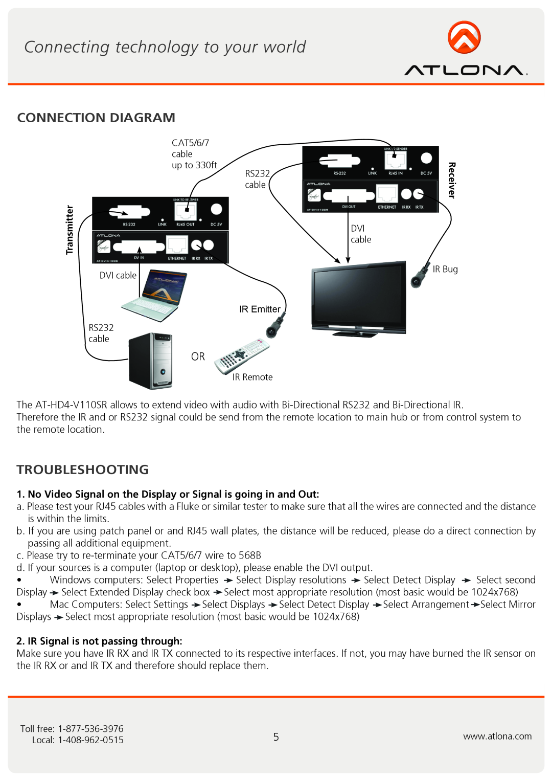 Atlona AT-DVI4-100SR Connection Diagram, Troubleshooting, No Video Signal on the Display or Signal is going in and Out 