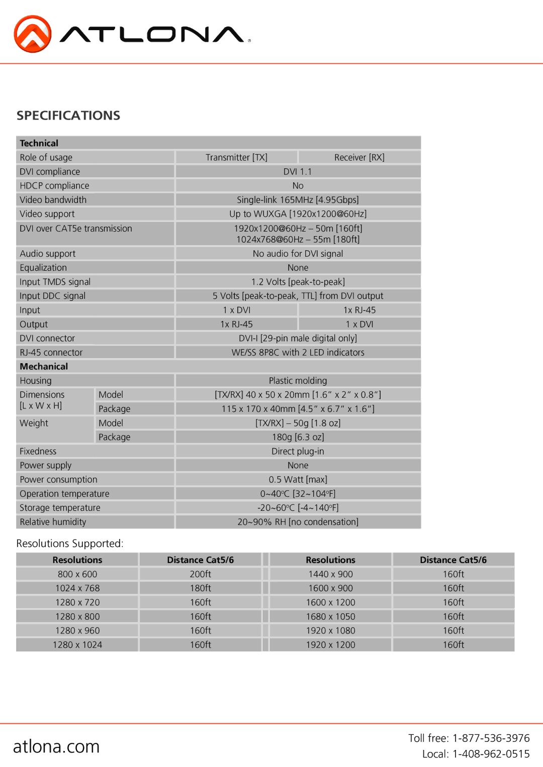 Atlona AT-DVI60SRS user manual Specifications, Technical, Mechanical, Resolutions Distance Cat5/6 