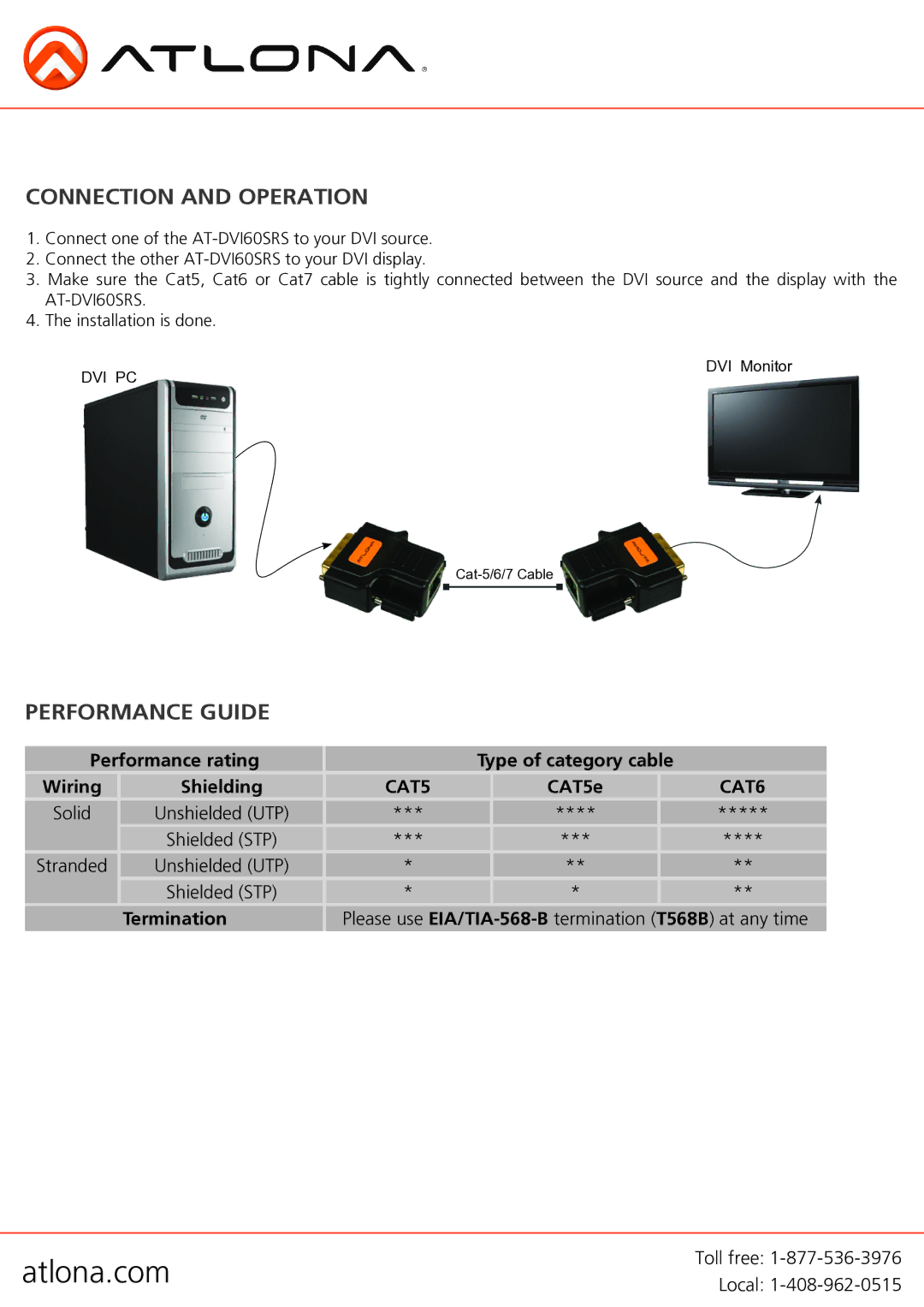 Atlona AT-DVI60SRS Connection and Operation, Performance Guide, Performance rating Type of category cable Wiring 