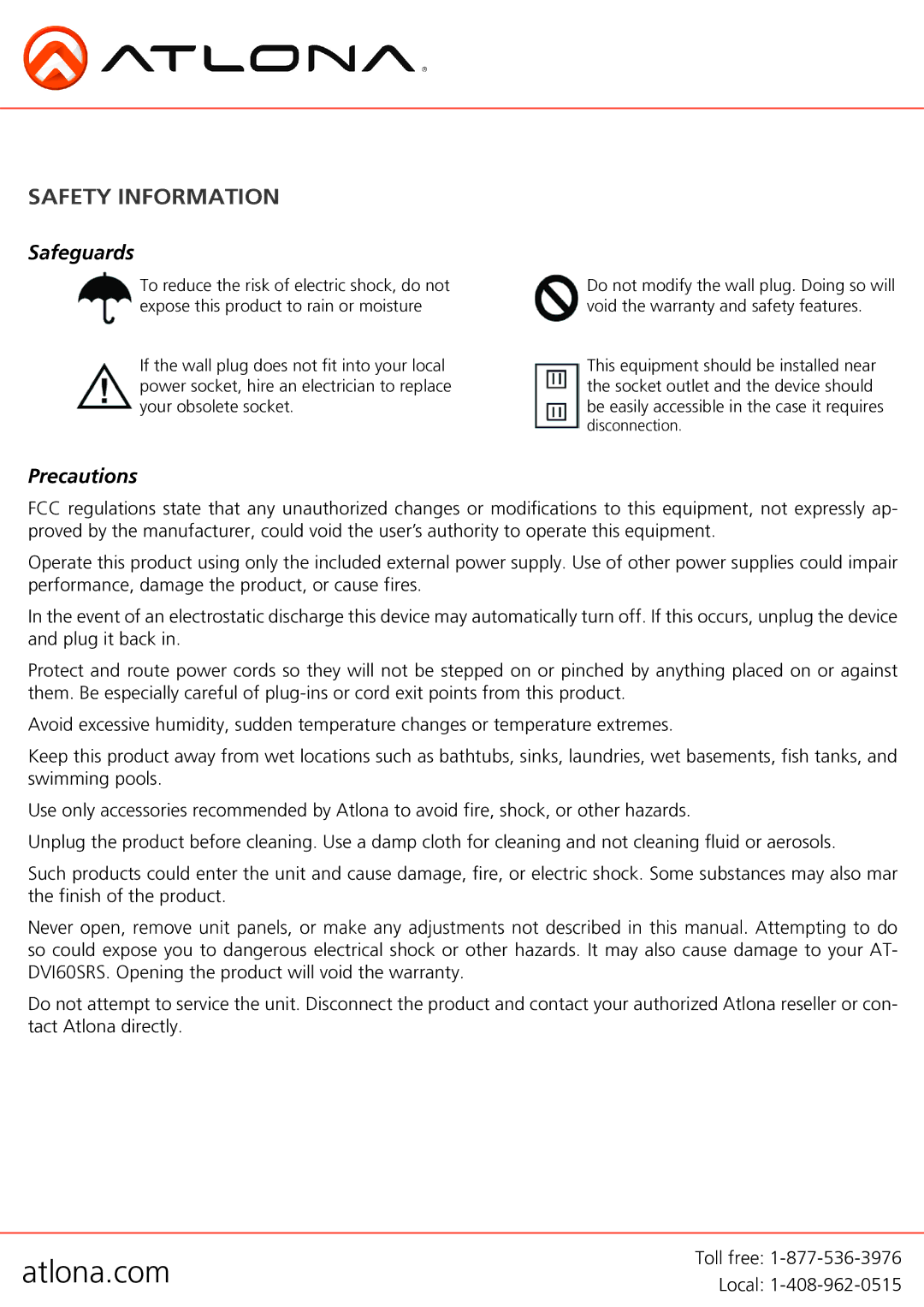 Atlona AT-DVI60SRS user manual Safety Information, Safeguards 