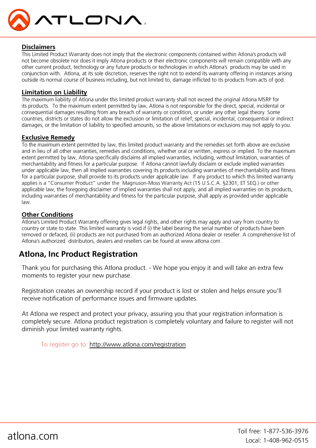 Atlona AT-DVI60SRS user manual Atlona, Inc Product Registration, Disclaimers, Limitation on Liability, Exclusive Remedy 