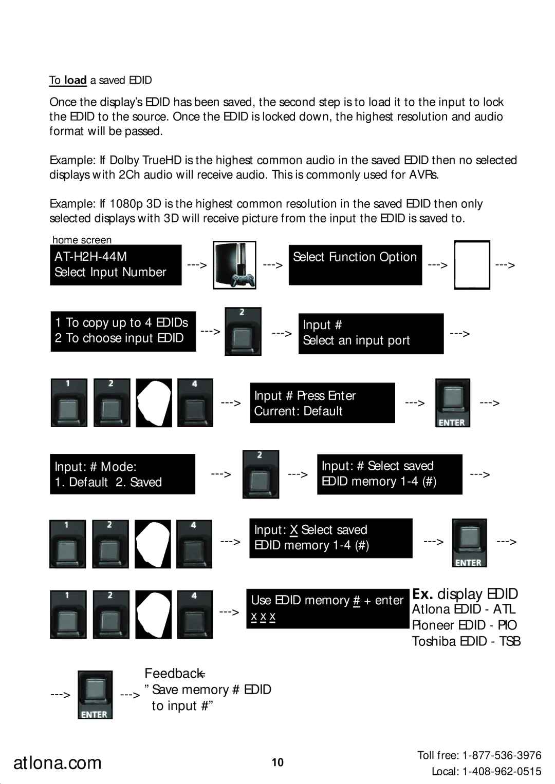 Atlona AT-H2H-44M user manual Ex. display Edid 