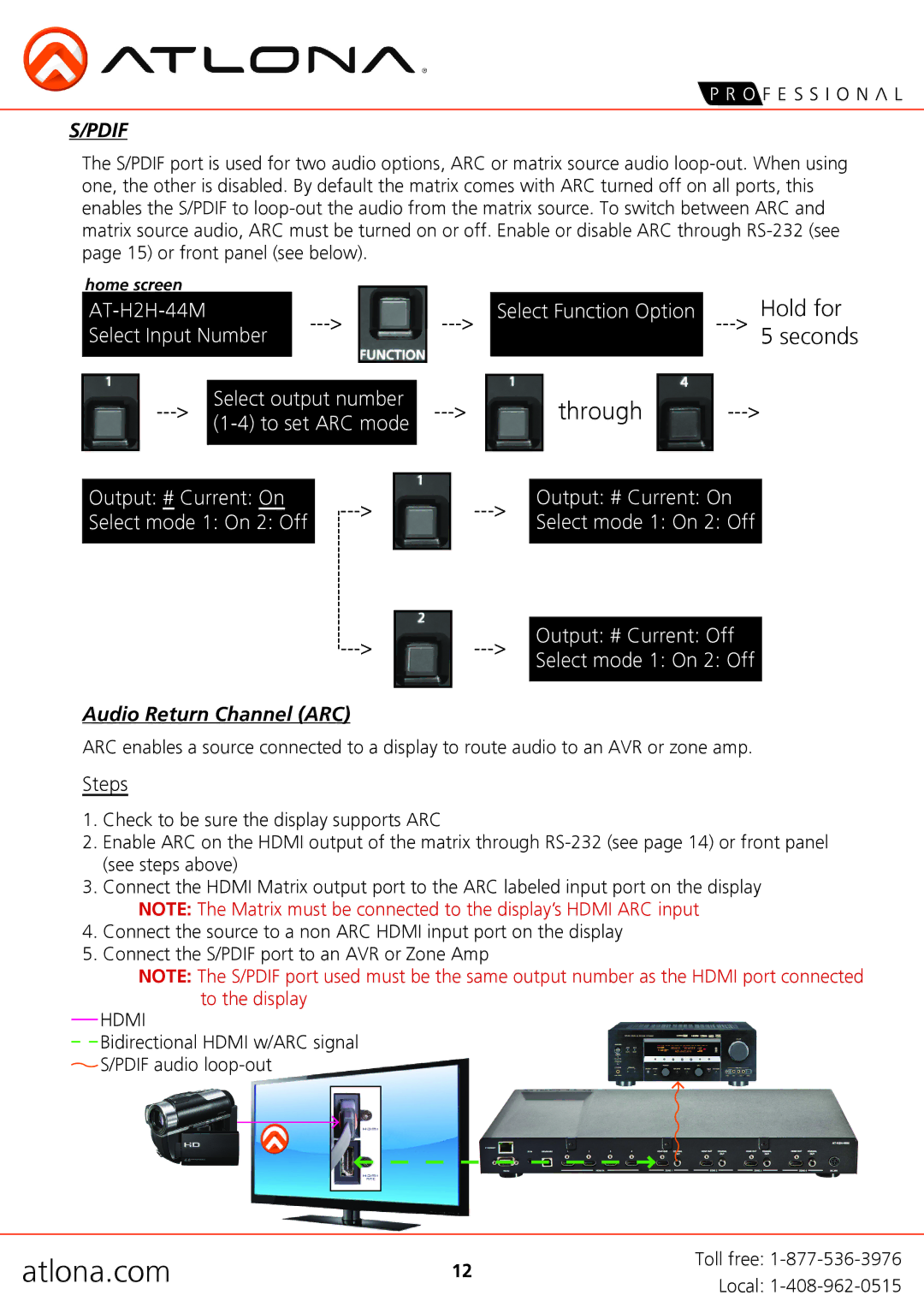 Atlona AT-H2H-44M user manual Pdif, Audio Return Channel ARC 