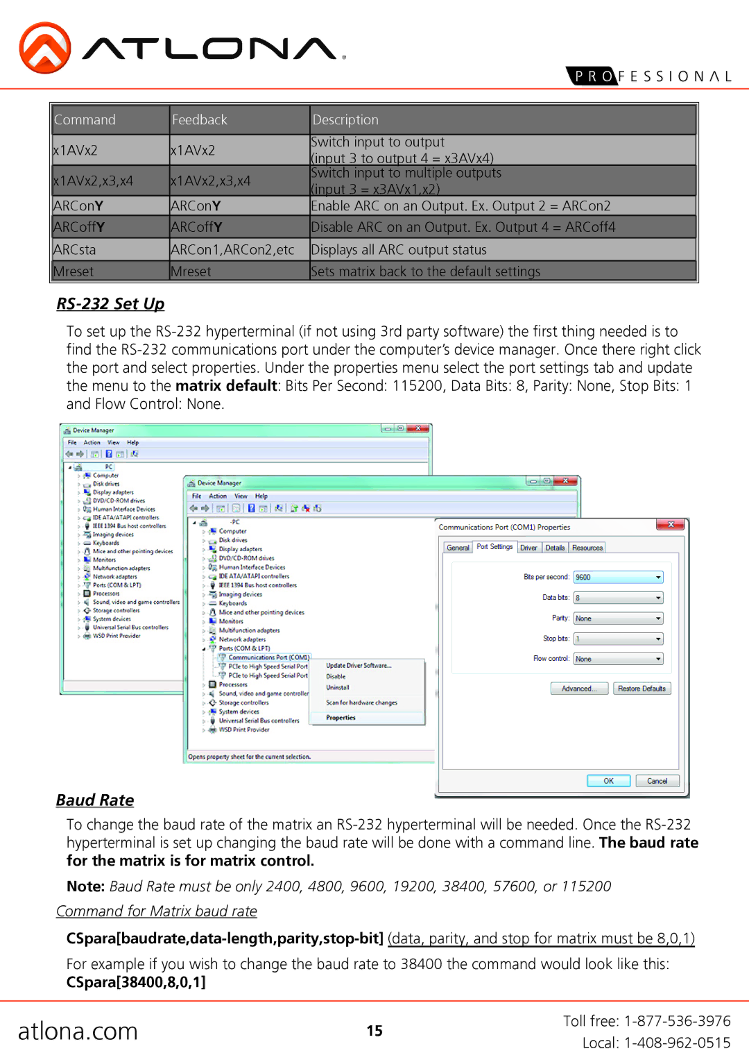 Atlona AT-H2H-44M user manual RS-232 Set Up, Baud Rate 