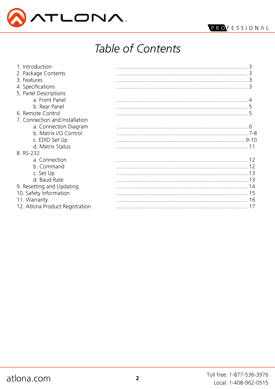 Atlona AT-H2H-44M user manual Table of Contents 