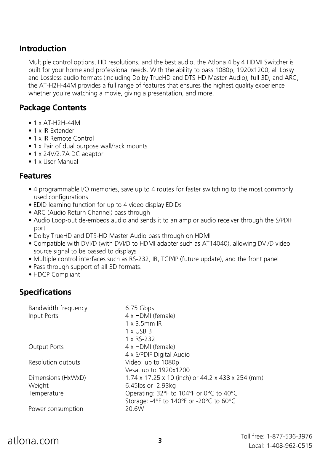 Atlona AT-H2H-44M user manual Introduction, Package Contents, Features, Specifications 