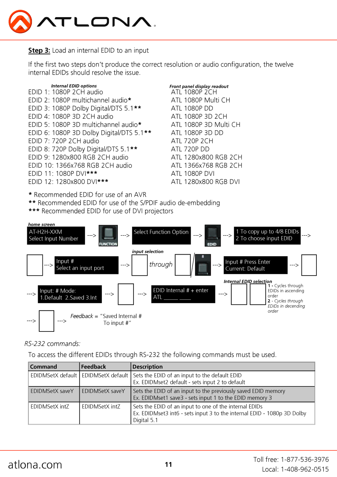 Atlona AT-H2H-44M, AT-H2H-88M user manual RS-232 commands 