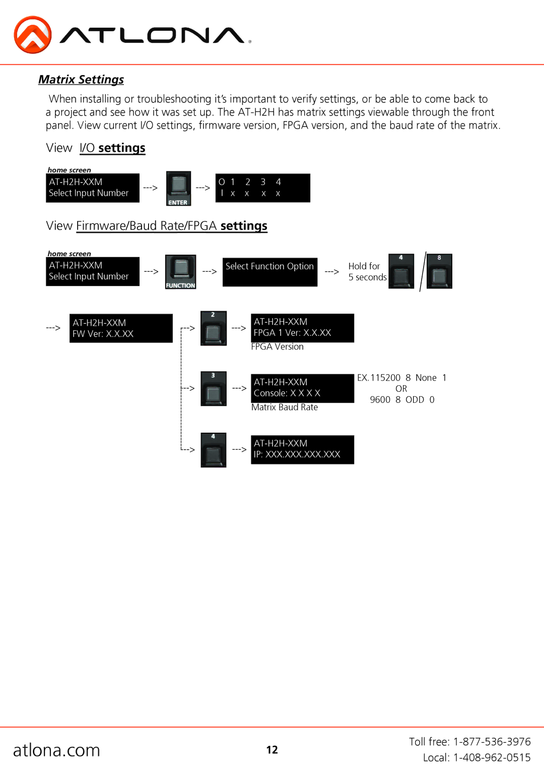 Atlona AT-H2H-88M, AT-H2H-44M user manual View I/O settings, Matrix Settings 