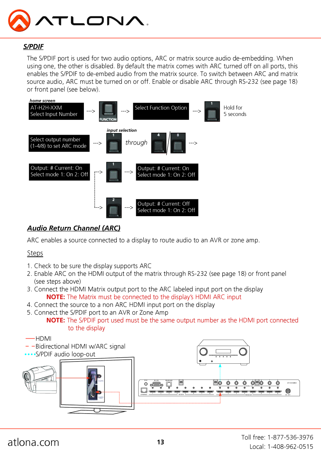 Atlona AT-H2H-44M, AT-H2H-88M user manual Pdif, Audio Return Channel ARC 