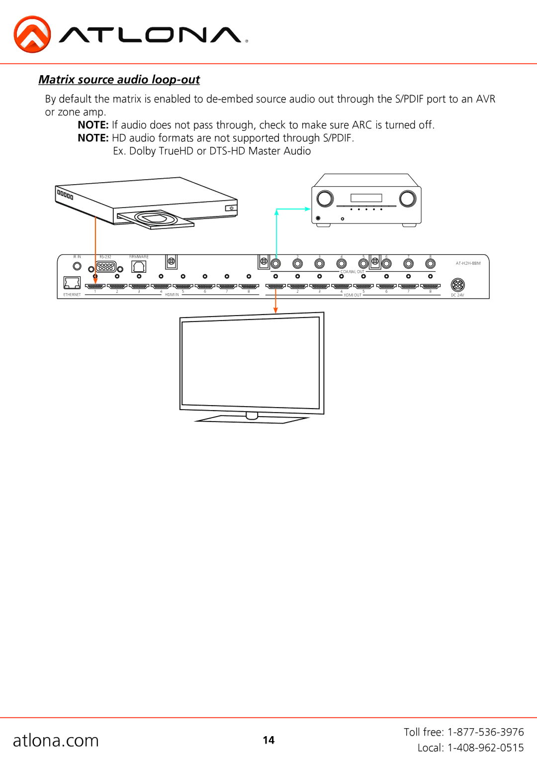 Atlona AT-H2H-88M, AT-H2H-44M user manual Matrix source audio loop-out 