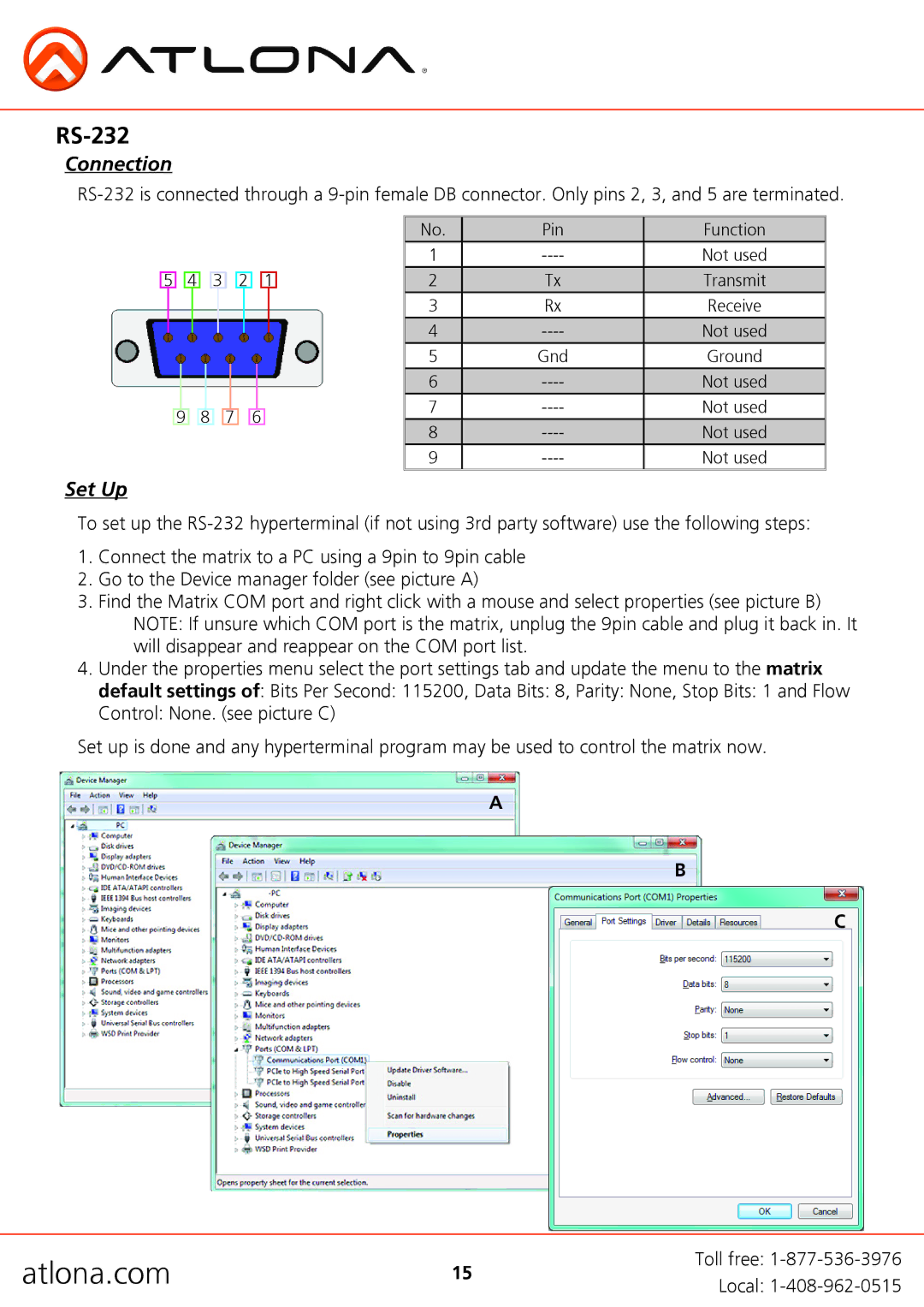 Atlona AT-H2H-44M, AT-H2H-88M user manual RS-232, Connection, Set Up 