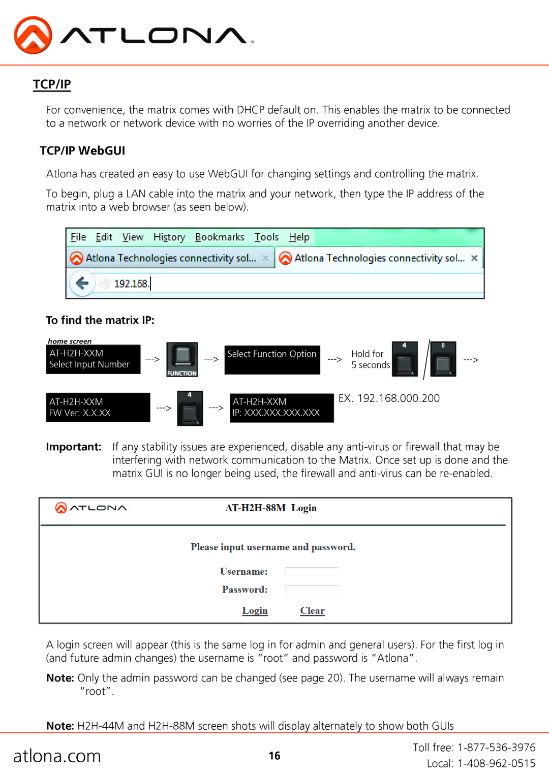 Atlona AT-H2H-88M, AT-H2H-44M user manual Tcp/Ip 