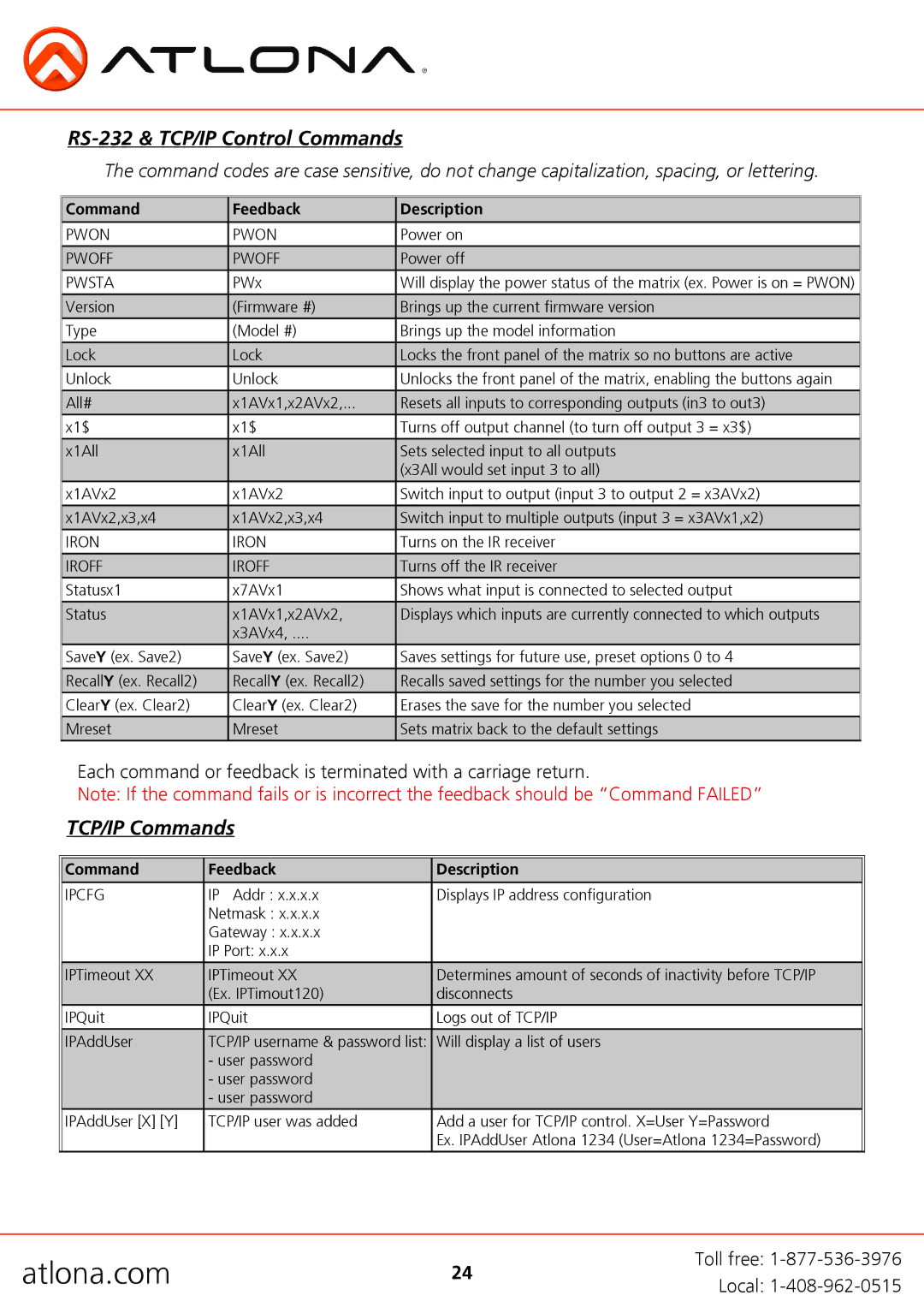 Atlona AT-H2H-88M, AT-H2H-44M user manual RS-232 & TCP/IP Control Commands, TCP/IP Commands 