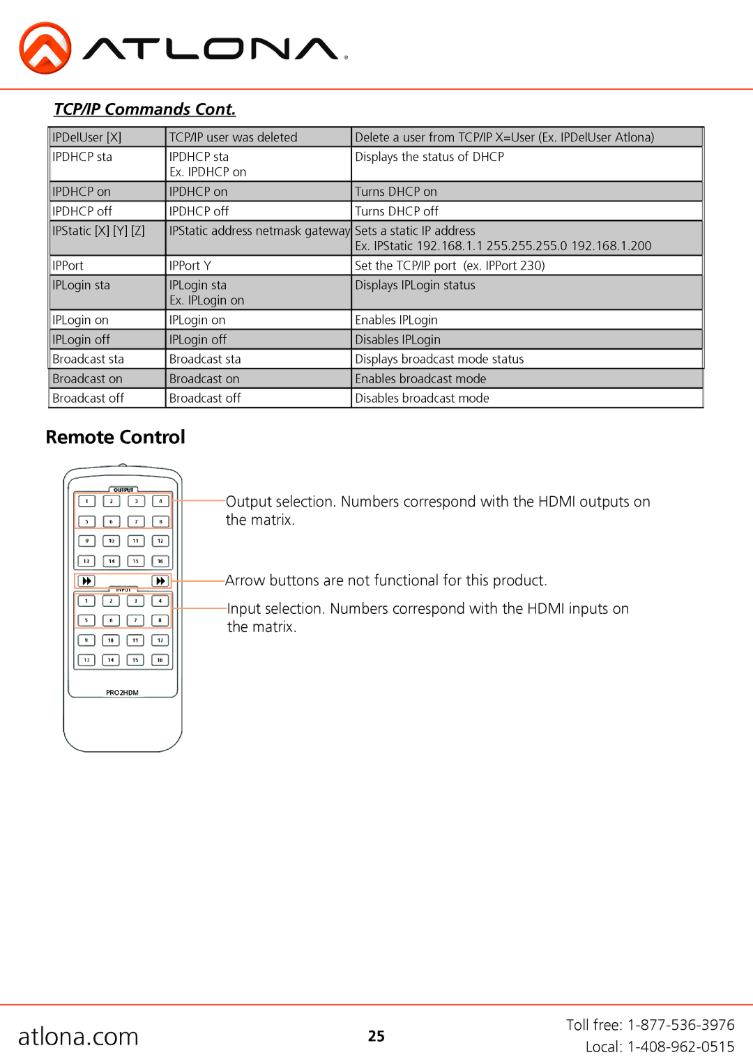 Atlona AT-H2H-44M, AT-H2H-88M user manual Remote Control 