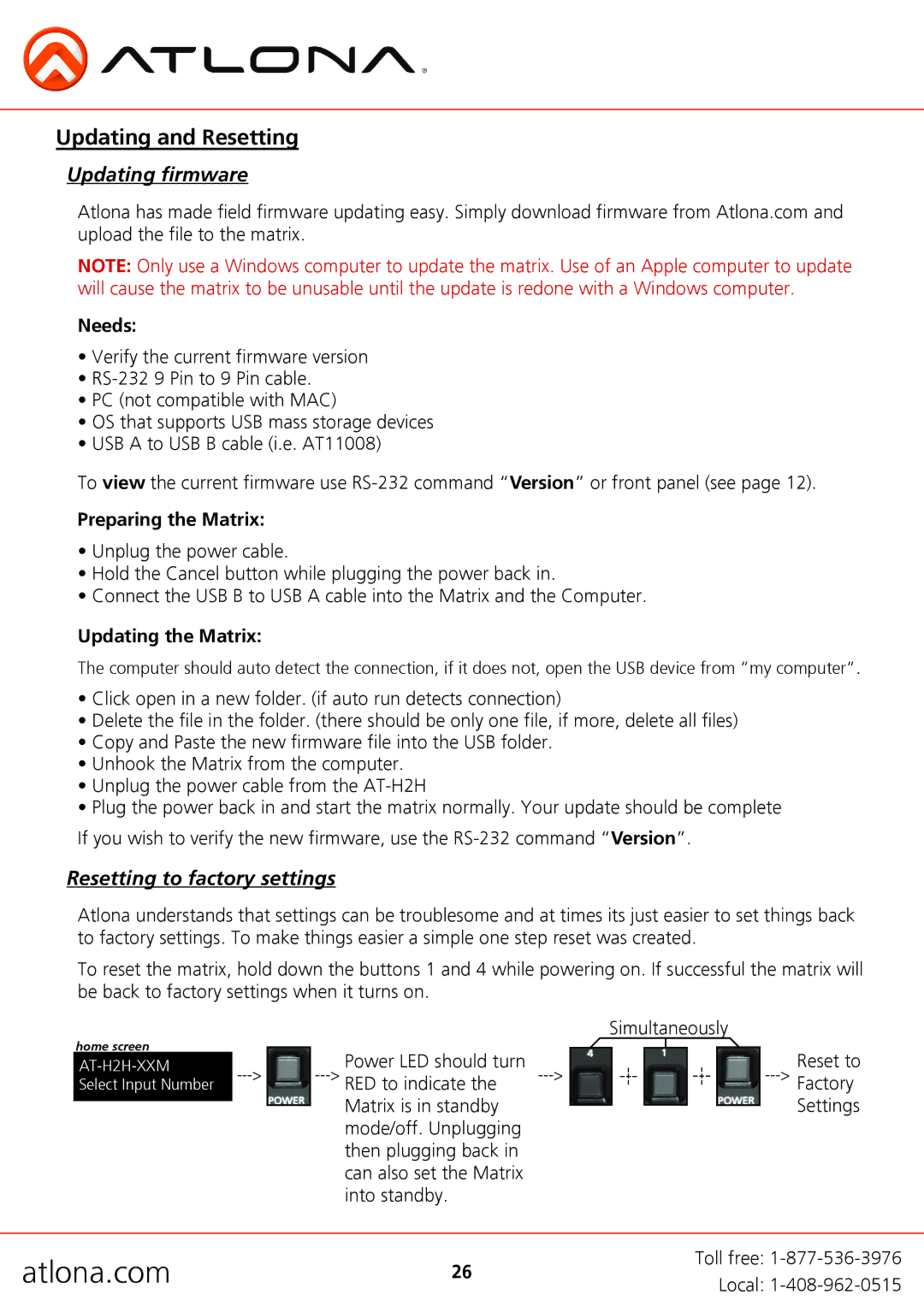 Atlona AT-H2H-88M, AT-H2H-44M user manual Updating firmware, Resetting to factory settings 