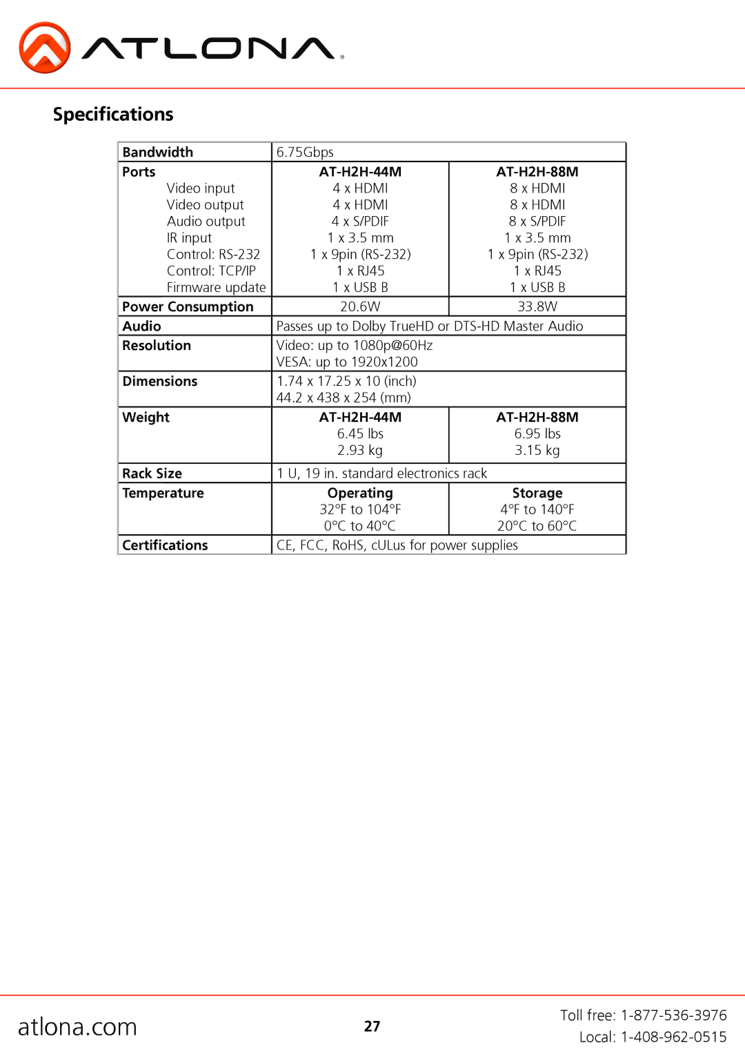 Atlona user manual Specifications, Ports AT-H2H-44M AT-H2H-88M 