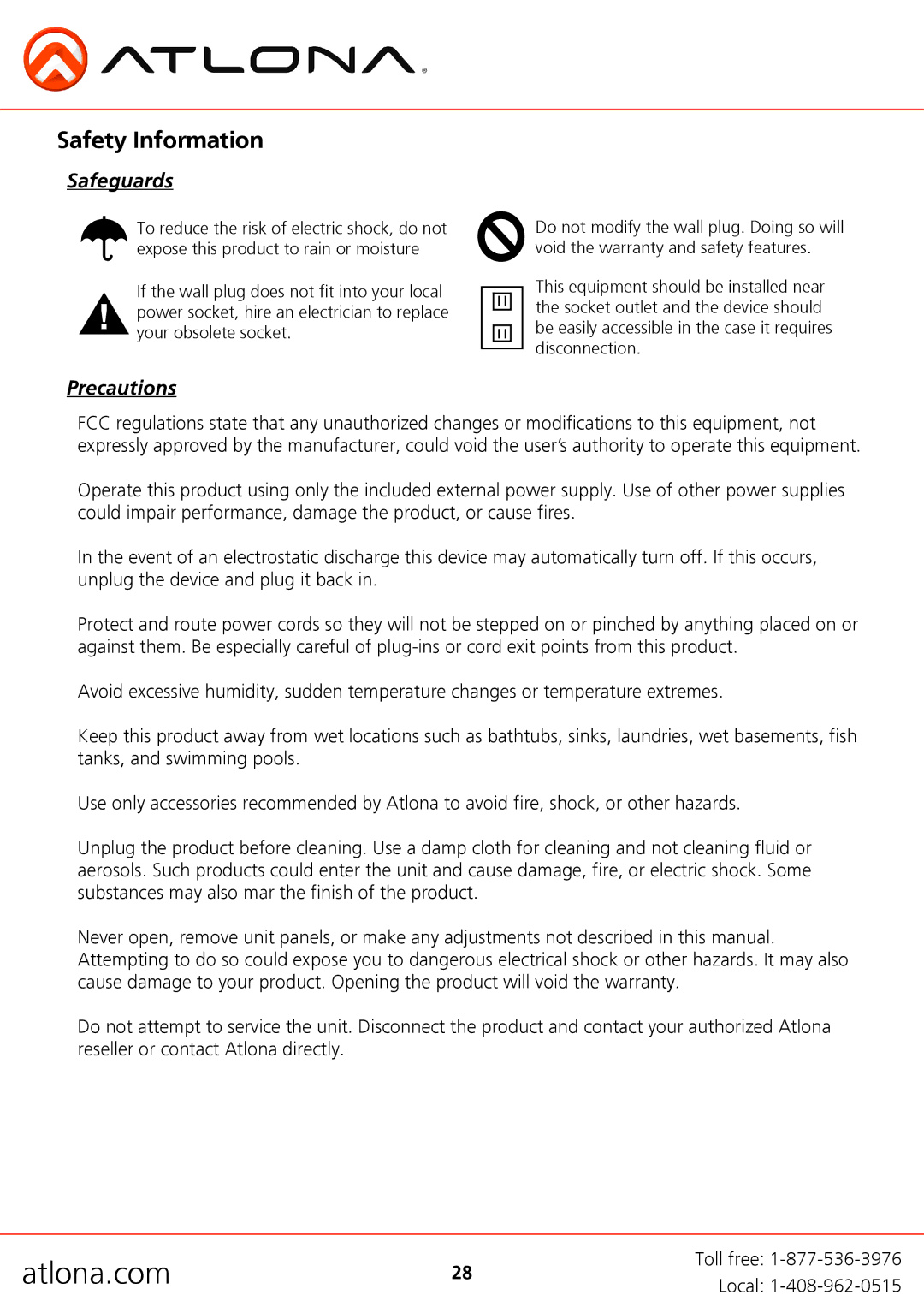 Atlona AT-H2H-88M, AT-H2H-44M user manual Safety Information, Safeguards, Precautions 